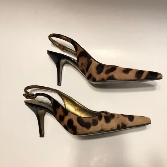 Dolce & Gabbana Sz 38 Vintage Vero Cuoio Leopard Pointed Toe 3” Slingback Pumps - Picture 9 of 16